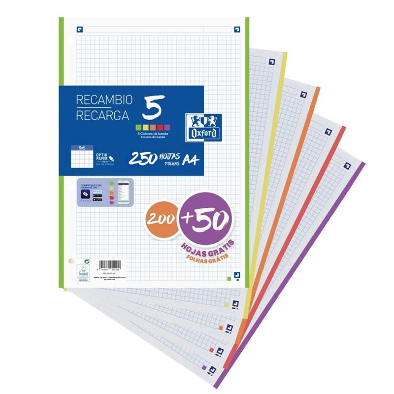  Recambio 5 multicolor A4 250h 90g 4 taladros cuadricula 5x5 con 5 colores de banda vivos 